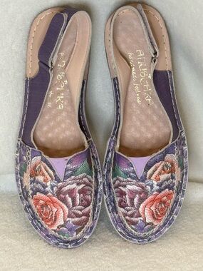 Anuschka Hand-painted Purple Floral Leather Slingback Sandals Cruise Resort 8.5